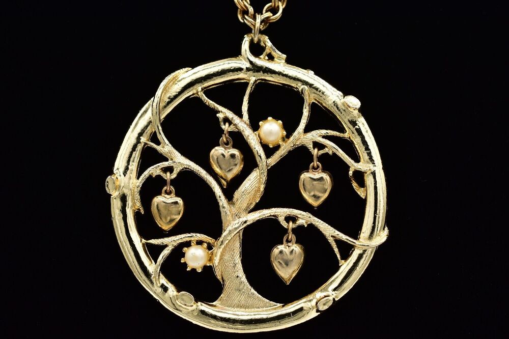 Vintage Tree Heart Pendant Necklace Pearl Charm Gold Tone Chunky 1970s BinBL